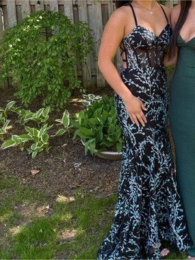 Turquoise Glitter Flower Black Prom Dress